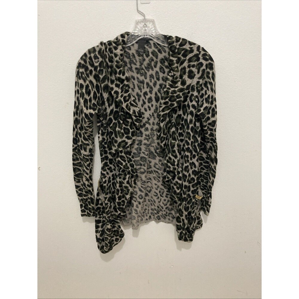 INC International Concepts gray black animal print ruffled open front cardigan S